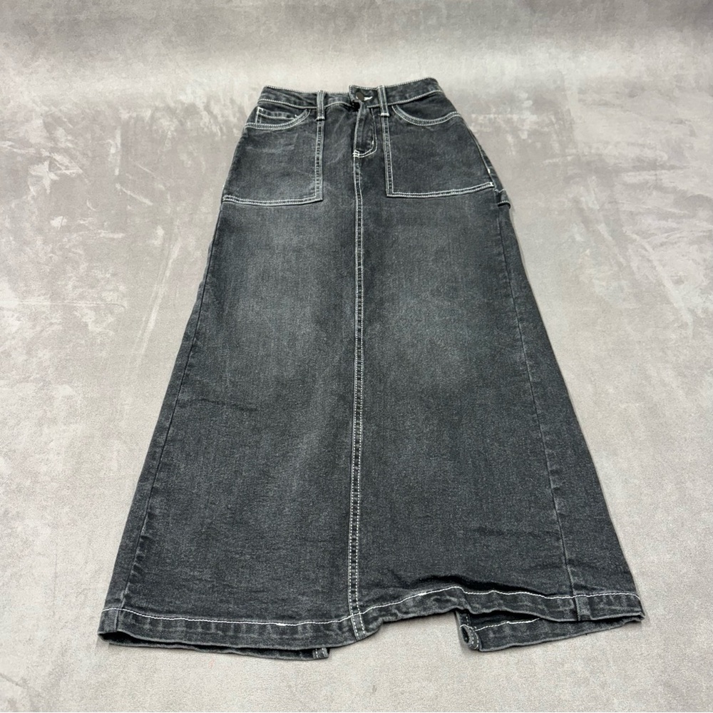 love Fire Women's black washed cargo Denim Maxi Skirt white contrast size 0